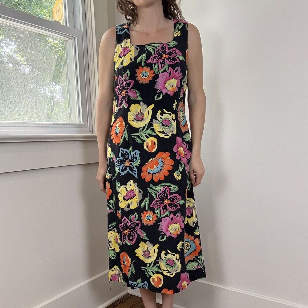 Vintage 90s Black Vibrant Floral Watercolor Midi Dress | Sleeveless A-Line, M/L
